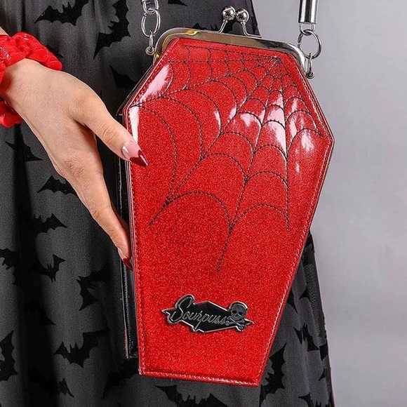 Sourpuss Handbags - Sourpuss Red Coffin Shimmering Spiderweb Handbag No Inner Lining